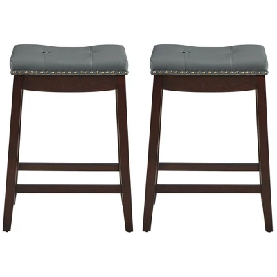 Costway Set Of 2 Nailhead Saddle Bar Stools 24'' Counter Stools Brown/White With Grey Cushion - Image 4