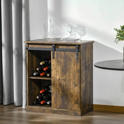 HOMCOM Industrial Sideboard Storage Cabinet, Serving Bar Buffet With Sliding Barn Door And 6-Bottle Wine Rack