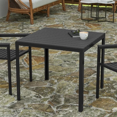 Merrick Lane All-Weather Indoor/Outdoor Square Patio Dining Table For 4 With Steel Frame And Poly Resin Slatted Top - Black - Image 3