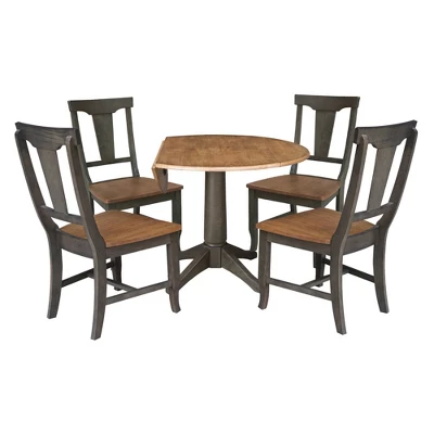 42" Round Dual Drop Leaf Dining Table With 4 Panel Back Chairs Hickory/Washed Coal - International Concepts - Image 2