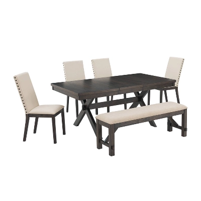 6pc Hayden Extendable Dining Set With Bench And 4 Upholstered Chairs Slate - Crosley - Image 3