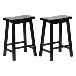 PJ Wood Classic Saddle-Seat 24" Tall Kitchen Counter Stools For Homes, Dining Spaces, And Bars W/Backless Seats, 4 Square Legs, Black (Set Of 6)