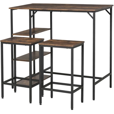 HOMCOM Industrial 3 Piece Dining Table Set, Counter Height Bar Table And Chairs Set, Kitchen Bistro Table Set With Storage Shelf And Stools, Brown - Image 3