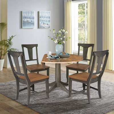 42" Round Dual Drop Leaf Dining Table With 4 Panel Back Chairs Hickory/Washed Coal - International Concepts - Image 3
