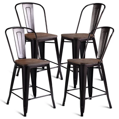 Costway Copper Set Of 4 Metal Wood Counter Stool Kitchen Dining Bar Chairs Rustic Full Back - Image 5