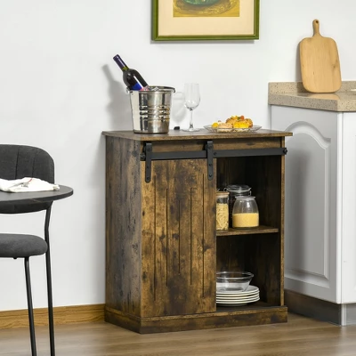 HOMCOM Industrial Sideboard Storage Cabinet, Serving Bar Buffet With Sliding Barn Door And 6-Bottle Wine Rack - Image 2