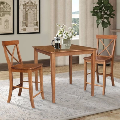 3pc 36"x36" Solid Wood Counter Height Dining Table Set With 2 X-Back Stools Distressed Oak - International Concepts