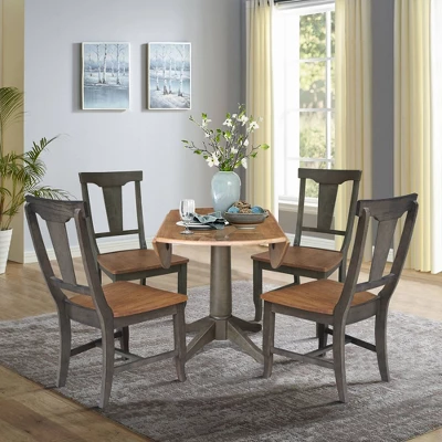 42" Round Dual Drop Leaf Dining Table With 4 Panel Back Chairs Hickory/Washed Coal - International Concepts - Image 5