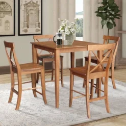 5pc 36"x36" Solid Wood Counter Height Dining Table Set With 4 X-Back Stools Distressed Oak - International Concepts