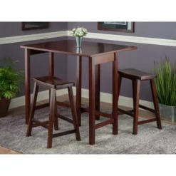 3pc 24" Lynnwood High Drop Leaf Counter Height Extendable Dining Table Set With Saddle Seat Stool Walnut - Winsome