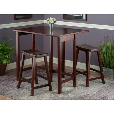 3pc 24" Lynnwood High Drop Leaf Counter Height Extendable Dining Table Set With Saddle Seat Stool Walnut - Winsome