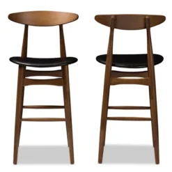 Set Of 2 Flora Mid-Century Modern Walnut Finished Wood Upholstered Barstools Black - Baxton Studio