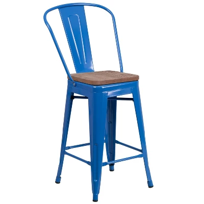 Emma And Oliver 24"H Metal Counter Height Stool With Back And Square Wood Seat - Image 12