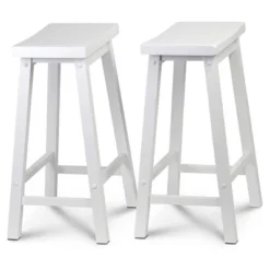 PJ Wood Classic Saddle-Seat 24" Tall Kitchen Counter Stools For Homes, Dining Spaces, And Bars W/Backless Seats, 4 Square Legs, White (10 Pack)