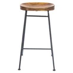 Wooden Saddle Seat Barstool With Iron Rod Legs Brown/Black - The Urban Port