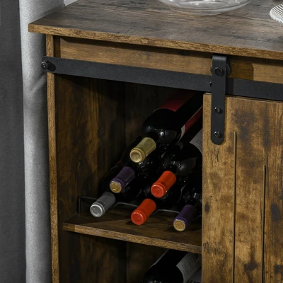 HOMCOM Industrial Sideboard Storage Cabinet, Serving Bar Buffet With Sliding Barn Door And 6-Bottle Wine Rack - Image 4