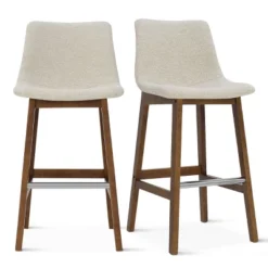 South 28" Seat Height Upholstered Bar Stool With Rubberwood Legs And Stainless Steel Foot Rest(Set Of 2) -The Pop Maison