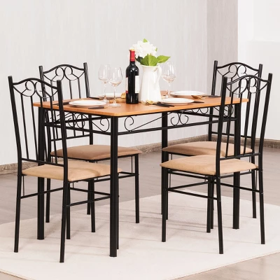 Costway 5 PC Dining Set Wood Metal 30" Table And 4 Chairs Black Kitchen Breakfast Furniture - Image 3