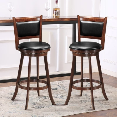 Costway Set Of 2 29'' Swivel Bar Height Stool Wood Dining Chair Upholstered Seat Panel Back Espresso - Image 4