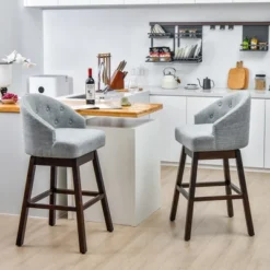 Costway Set Of 2 Swivel Bar Stools Tufted Bar Height Pub Chairs With Rubber Wood Legs Grey/Beige
