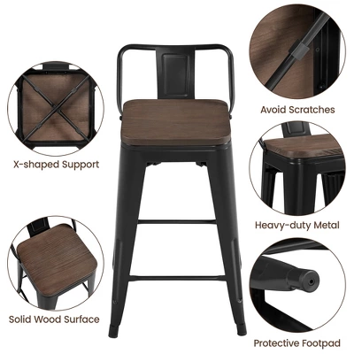Yaheetech 24" Low Back Metal Counter Height Bar Stools With Wood Seat & Footrest, Set Of 4 - Image 3