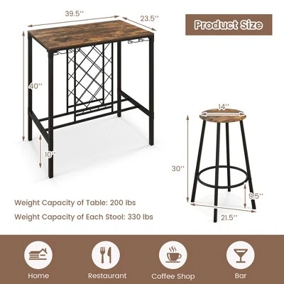 Costway 5PCS Bar Table & Stools Set Industrial Bistro Set With Wine Rack & Glass Holder - Image 3