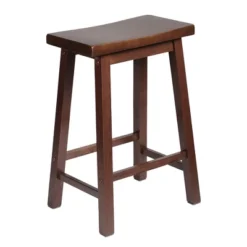 PJ Wood Classic Saddle-Seat 24'' Tall Kitchen Counter Stool For Homes, Dining Spaces, And Bars With Backless Seat, 4 Square Legs, Walnut (5 Pack)