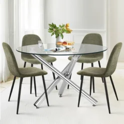 Eileen+Spoon 5-Piece Silver Round Clear Glass Dining Table Set With 4 Upholstered Chairs With Metal Legs -The Pop Maison