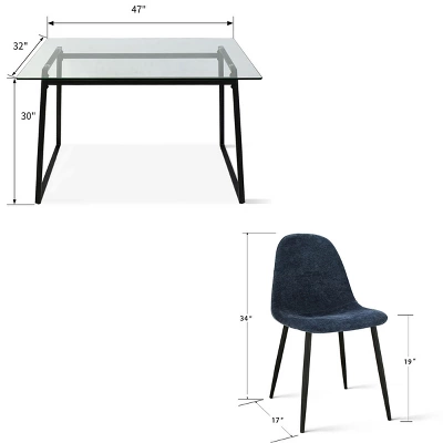 Mona+Spoon 5 Piece Black Rectangular Clear Tempered Transparent Glass Table With 4 Upholstered Side Chairs-Maison Boucle - Image 8