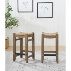 Set Of 2 26" Davenport Wood Counter Height Barstools With Rush Seats Light Amber - Alaterre Furniture