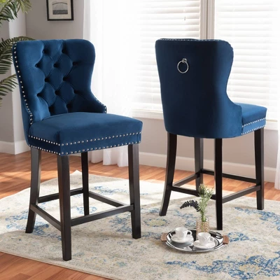 2pc Howell Modern Velvet Upholstered Wood Counter Height Barstool Set - Baxton Studio - Image 6