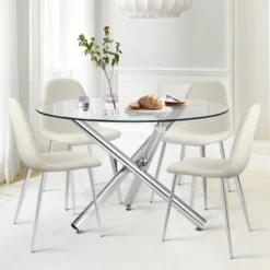 Eileen+Spoon 5-Piece Silver Round Clear Glass Dining Table Set With 4 Upholstered Chairs -The Pop Maison