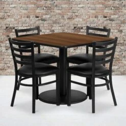Flash Furniture 36'' Square Walnut Laminate Table Set With Round Base And 4 Ladder Back Metal Chairs - Black Vinyl Seat