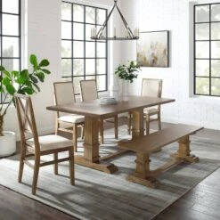 4pc Joanna Dining Set With Bench And 4 Upholstered Chairs Rustic Brown - Crosley