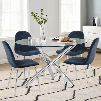 Eileen+Spoon 5-Piece Silver Round Clear Glass Dining Table Set With 4 Upholstered Chairs -The Pop Maison - Image 10