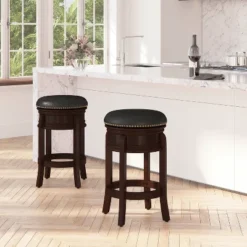 Merrick Lane Clara Backless Wooden Counter Stool With Faux Leather 360 Degree Swivel Seat