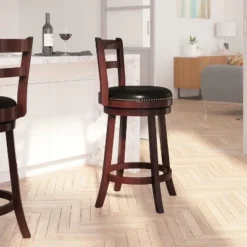 Merrick Lane 26" Wooden Counter Height Stool In Cappuccino Finish With Single Slat Ladder Back With Faux Leather Seat