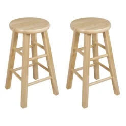 PJ Wood Classic Round-Seat 24" Tall Kitchen Counter Stools For Homes, Dining Spaces, And Bars With Backless Seats, 4 Square Legs, Natural (Set Of 10)