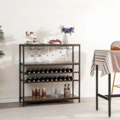 Costway Rustic 5-tier Wine Rack Table 22 Bottle Wine Cabinet Freestanding With Glass Holder