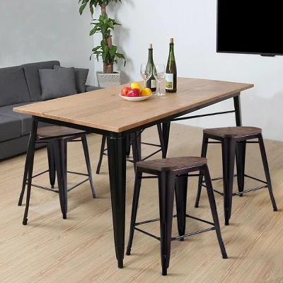 Costway Copper Set Of 4 Metal Wood Counter Stool Kitchen Dining Bar Chairs Rustic Full Back - Image 3