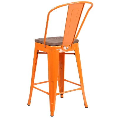 Emma And Oliver 24"H Metal Counter Height Stool With Back And Square Wood Seat - Image 2