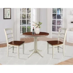 36" Rosemont Round Extendable Dining Table With Drop Leaf And 2 Madrid Ladderback Chairs Antiqued Almond/Espresso - International Concepts