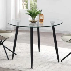 Avatar 34.5" Width Glass Top Modern Round Dining Table Black 4 Point/leg-The Pop Home