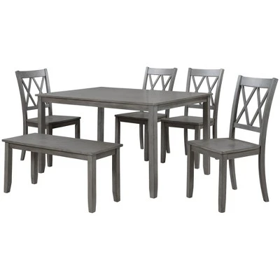 6-Piece Farmhouse Rustic Wooden Dining Table Set With 4 Cross Back Chairs And Bench - ModernLuxe - Image 5