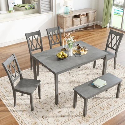 6-Piece Farmhouse Rustic Wooden Dining Table Set With 4 Cross Back Chairs And Bench - ModernLuxe - Image 2