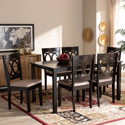 7pc Lenoir Upholstered Wood Dining Set Sand Brown/Espresso - Baxton Studio - Image 4