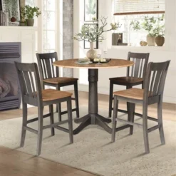42" Round Dual Drop Leaf Counter Height Dining Table With 4 Splat Back Stools Hickory/Washed Coal - International Concepts