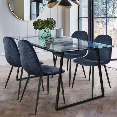 Mona+Spoon 5 Piece Black Rectangular Clear Tempered Transparent Glass Table With 4 Upholstered Side Chairs-Maison Boucle