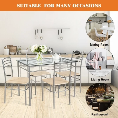 Costway 5 Piece Dining Set Table And 4 Chairs Glass Top Kitchen Breakfast Furniture Brown - Image 4