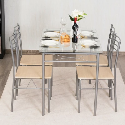 Costway 5 Piece Dining Set Table And 4 Chairs Glass Top Kitchen Breakfast Furniture Brown - Image 3
